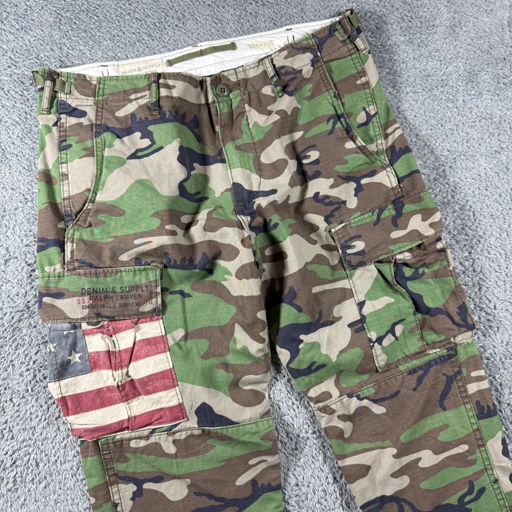 Denim & Supply Ralph Lauren Cargo Pants Mens 34x32 Camo USA Flag Ripstop Army